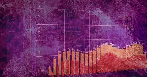 Neon 3d financial bar chart rising overlaid with grid lines and abstract smoke