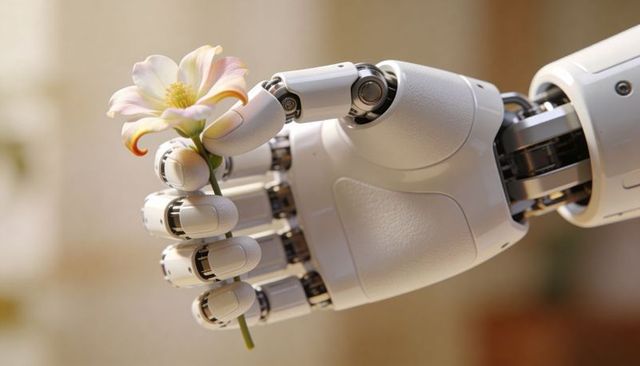 White robotic hand holding pale pink flower showcasing delicate precision and articulation