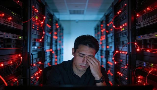 IT Technician Rubbing Eyes in Server Room Surrounded by Red Network Lights