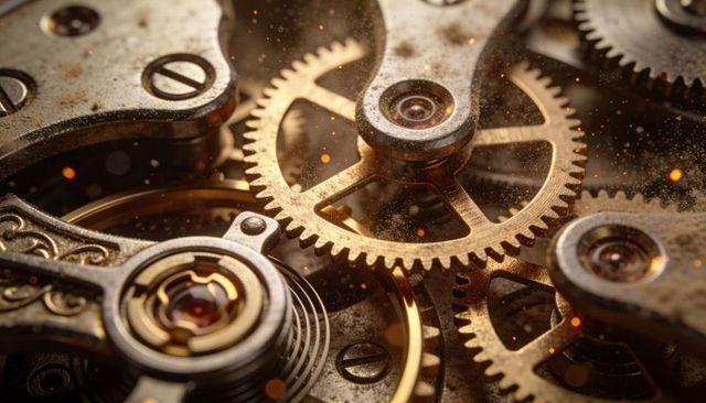 Antique watch movement meshing brass and steel gears with balance wheel and hairspring