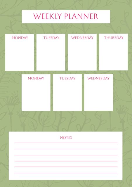 This weekly planner template features a green floral background with spaces for organizing daily tasks from Monday to Wednesday, including a separate notes section. Ideal for those looking to keep their weekly schedules organized and visually appealing. Perfectly suited for students, professionals, and anyone needing a structured plan for their week.