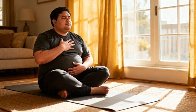 Mindful breathwork at home practicing seated meditation on yoga mat in sunlit living room