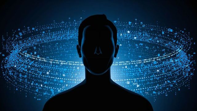 Silhouetted human head surrounded by ring of streaming data and digital icons ai identity