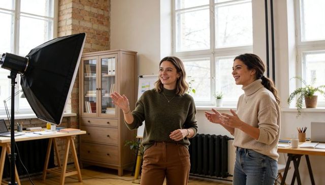 Two creative women collaborating in bright studio while directing video shoot