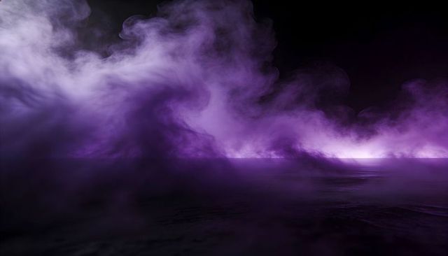 Billowing purple fog over reflective ground with glowing horizon and volumetric mist