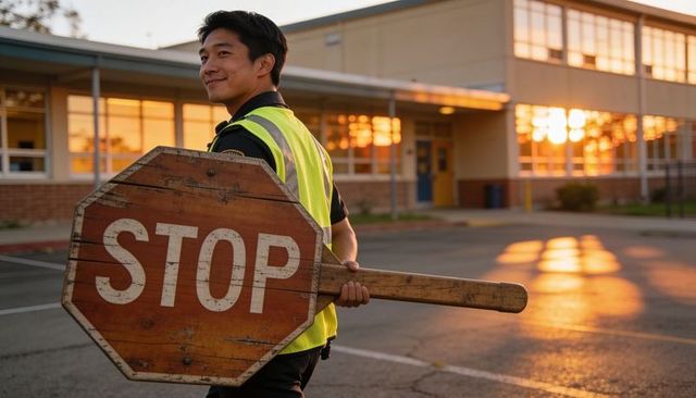 Asian school crossing guard holding wooden stop paddle at sunset wearing hi-vis vest