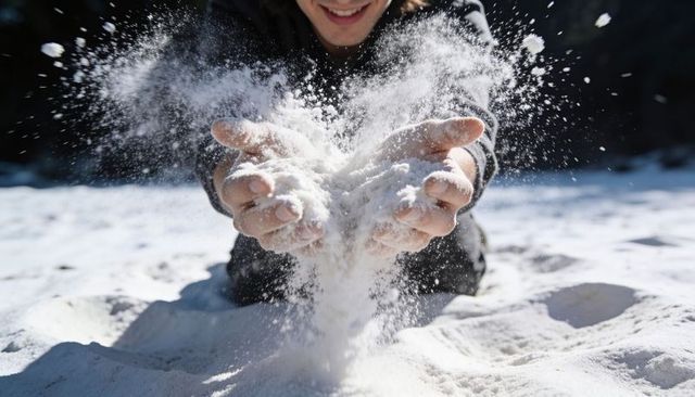 White sand flying from hands on sunlit beach, close-up powder spray and playful motion