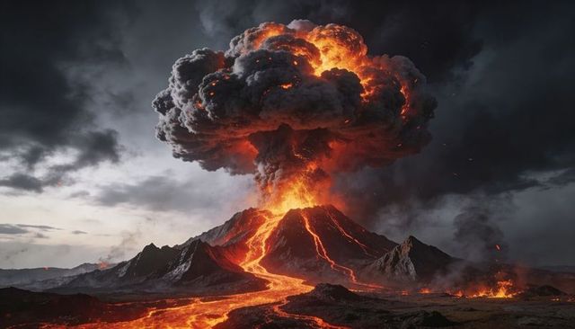 Erupting volcanic cone sending mushroom plume and glowing lava rivers across barren plain