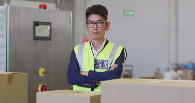 Warehouse manager wearing safety vest with a confident expression and crossed arms. Ideal for illustrating business management, logistics, supervision of industrial operations, and workplace safety. Useful for corporate websites, training materials, articles on warehouse management, and industrial work environments.