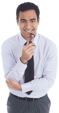 Smiling Businessman Posing with Glasses on Transparent Background