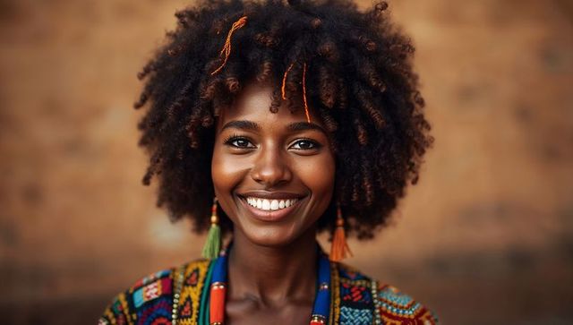 Vibrant smiling woman with natural curls wearing colorful tassel earrings, urban portrait