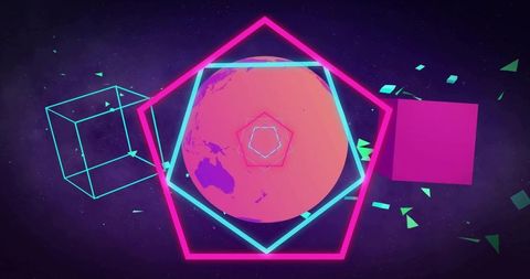 Neon synthwave planet rotating inside geometric frames with floating cubes and shards