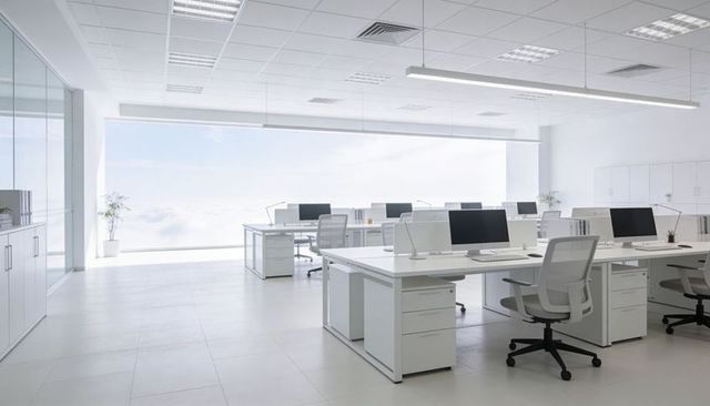 Bright minimalist open-plan office featuring white desks, ergonomic chairs and panoramic window
