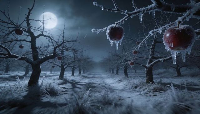 Moonlit frozen orchard with icicle-covered apples hanging from bare branches