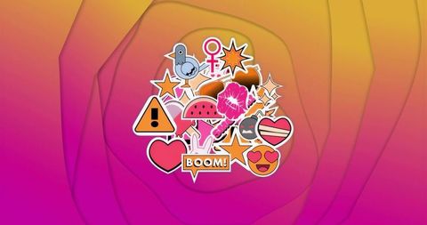 Playful sticker cluster decorating swirl gradient background for social media graphics