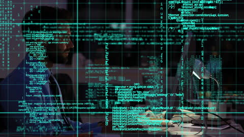 Businessman Analyzing Data on Laptop with Futuristic Code Overlay