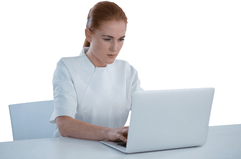 Concentrated Woman in White Using Laptop on Transparent Background - Download Free Stock Videos Pikwizard.com