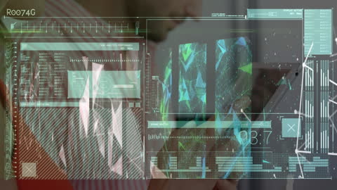 Futuristic Interface with Data and Couple Using Tablet at Home