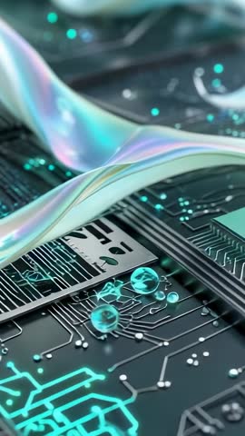 Vertical video of iridescent ribbon undulating over circuit chip with glowing neon traces