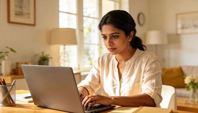 Indian woman working remotely on laptop in bright living room home office natural light