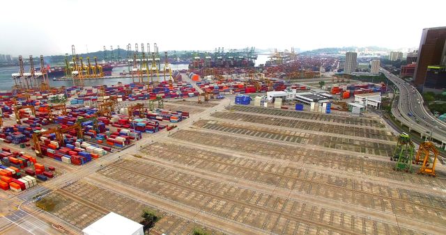 Aerial view of cargo containers at harbor 4k