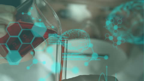 Scientist Pouring Experimental Liquid with Holographic Hexagons