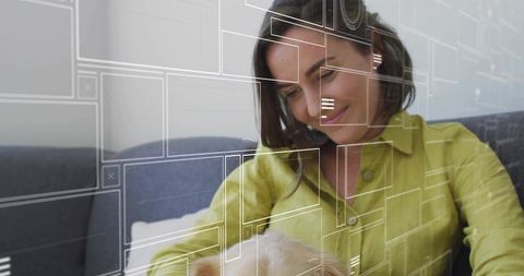 Smiling Woman Petting Dog with Futuristic Interface Overlay