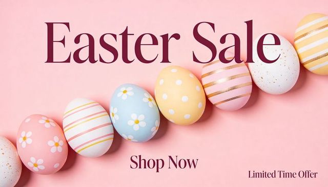 Pastel easter eggs diagonal banner featuring elegant easter sale typography