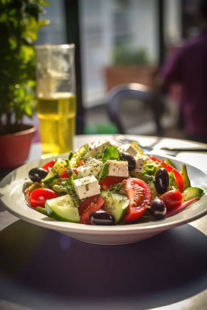 A vibrant Greek salad piled with cucumbers, tomatoes, olives, and chunks of feta cheese, served in a white bowl. This healthy Mediterranean dish is perfect for restaurants, cookbooks, food blogs, or nutritional guides. The natural light ambiance suggests a casual, sunlit lunch setting.