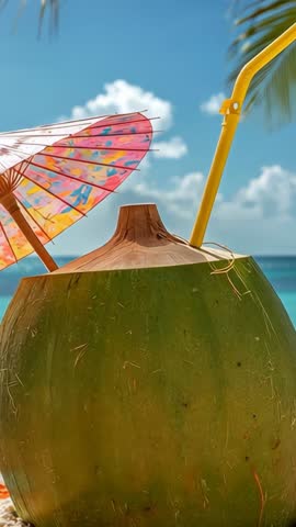 Refreshing Green Coconut Drink with Umbrella and Straw on Tropical Beach Vertical Video