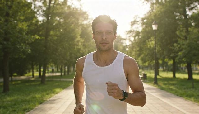 Fit man running on sunlit park path wearing smartwatch and white tank during morning run