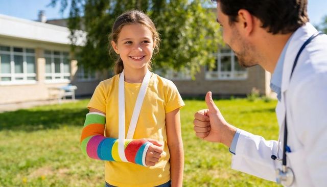 Smiling girl wearing rainbow arm cast and sling receiving doctor thumbs up in clinic courtyard
