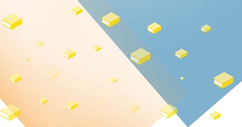 Floating yellow books on geometric background