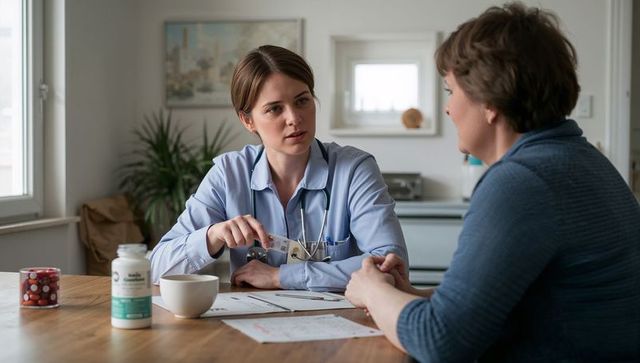 Doctor explaining medication dosage using blister pack during home consultation at kitchen table