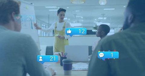 Creative leader presenting design concepts to team with floating social media engagement badges