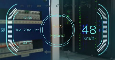 Digital dashboard display over server room with holographic interface