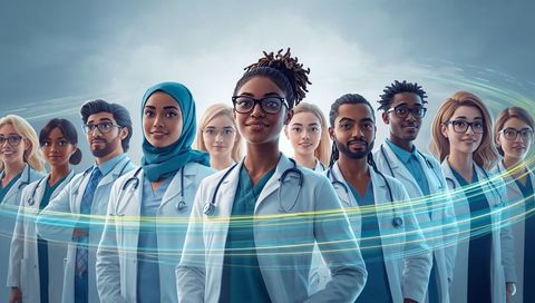 Diverse medical team standing united wearing lab coats and stethoscopes