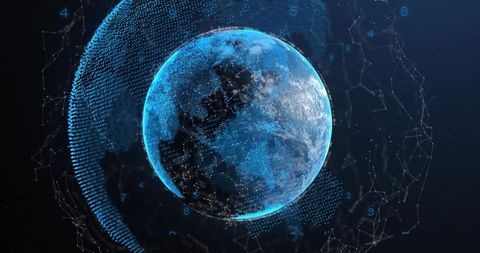 Digital Neon Globe Visualizing Global Network Connectivity with Mesh, Nodes, Point Cloud