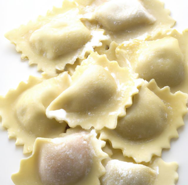 Close up of multiple ravioli on white background created using generative ai technology. Cooking and food concept, digitally generated image.