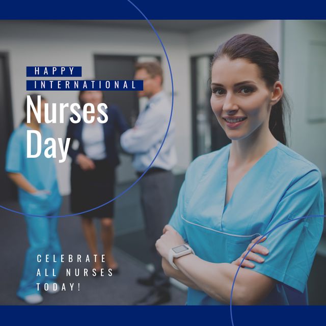 Image showcases a female nurse in medical uniform celebrating International Nurses Day among colleagues in a hospital environment. Ideal for promoting healthcare appreciation events, campaigns honoring nurses, and social media posts acknowledging medical staff dedication.