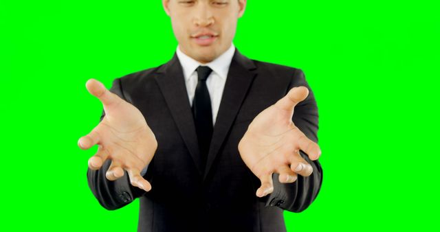 Businessman in Black Suit with Open Hands on Green Screen Background - Download Free Stock Images Pikwizard.com