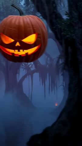 Camera panning through foggy cypress swamp, drifting jack-o'-lanterns glowing