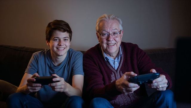 Grandfather and grandson enjoying video game together on sofa