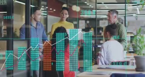 Diverse Team Analyzing Data with Animated Graphs Overlay