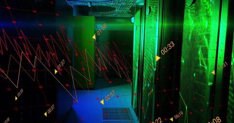 Futuristic Data Center Corridor with Glowing Server Racks and Analytics Overlay