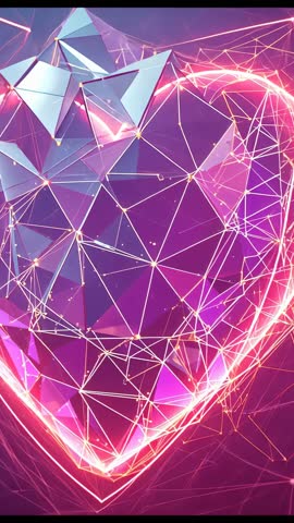 Neon Geometric Heart Forming and Rotating within Futuristic Digital Network Vertical Video