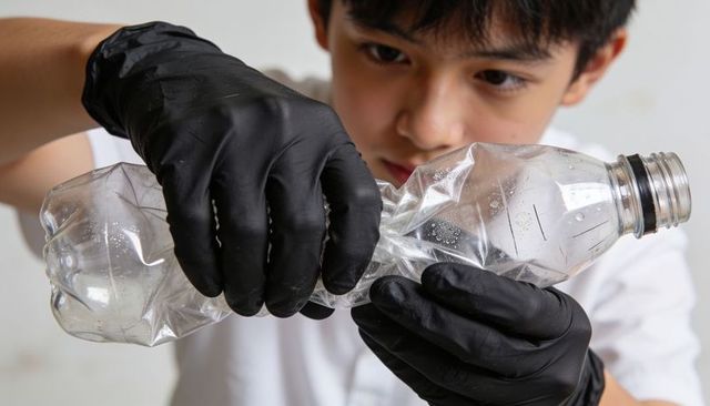 Teen crushing plastic bottle with black nitrile gloves promoting recycling action