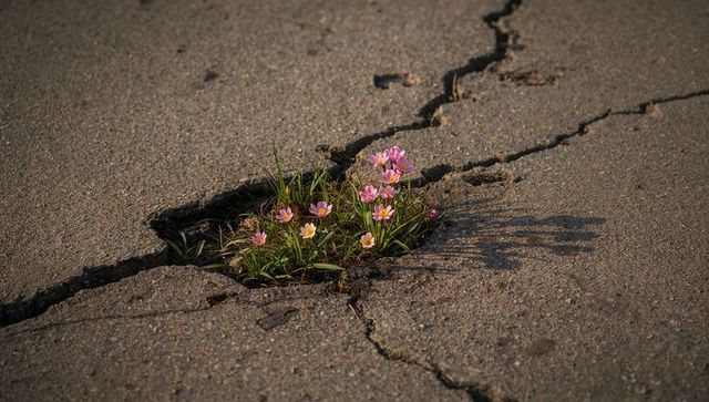 Pink and pale yellow flowers blooming through cracked concrete showing resilience