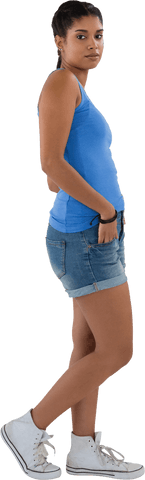 Young Woman in Blue Tank Top and Denim Shorts with Transparent Background