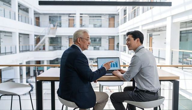 Senior executive mentoring junior colleague reviewing laptop charts in modern atrium